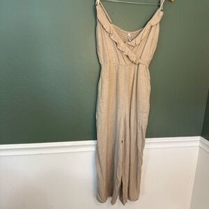Stradivarius Beige Ruffle Wide-Leg Jumpsuit | Size Small